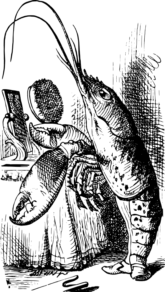 A lobster stands upright before a dressing-table, holding a hair-brush.