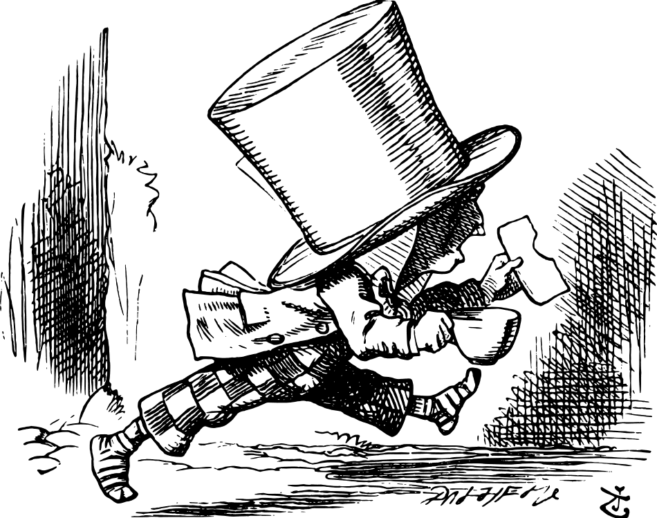 A hatter runs off to the right. He is holding a cup of tea and a sandwich.