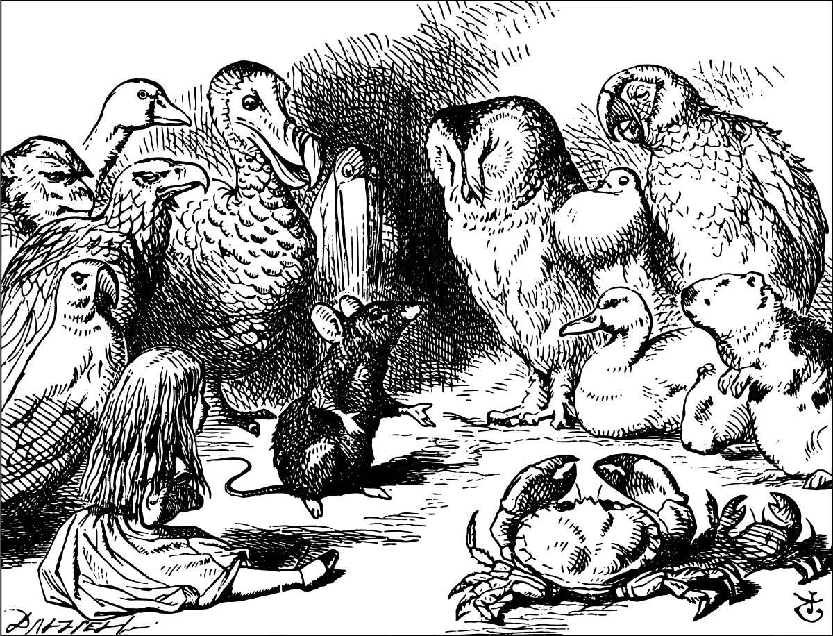 A large crowd of creatures stand around listening to a mouse. The creatures include an owl, a dodo, and a crab.